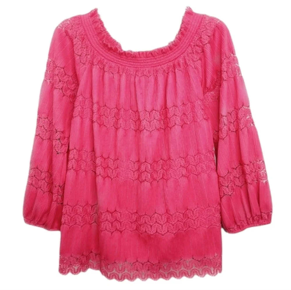 Cupio Pink Lacey Boho Style Stretch Peasant Blouse Women's Size Large L